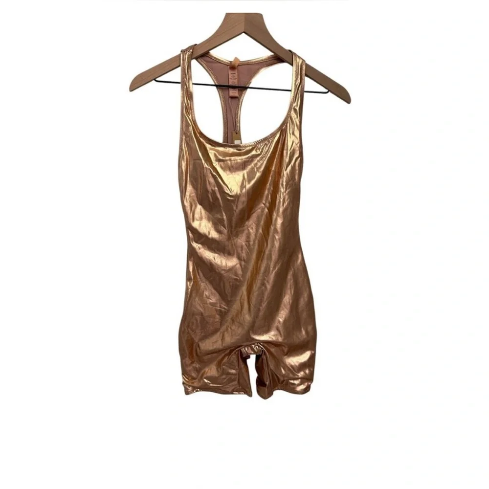 SKIMS Metallic Swim Cycle Suit - Champagne / Size S / NWT rose gold copper color